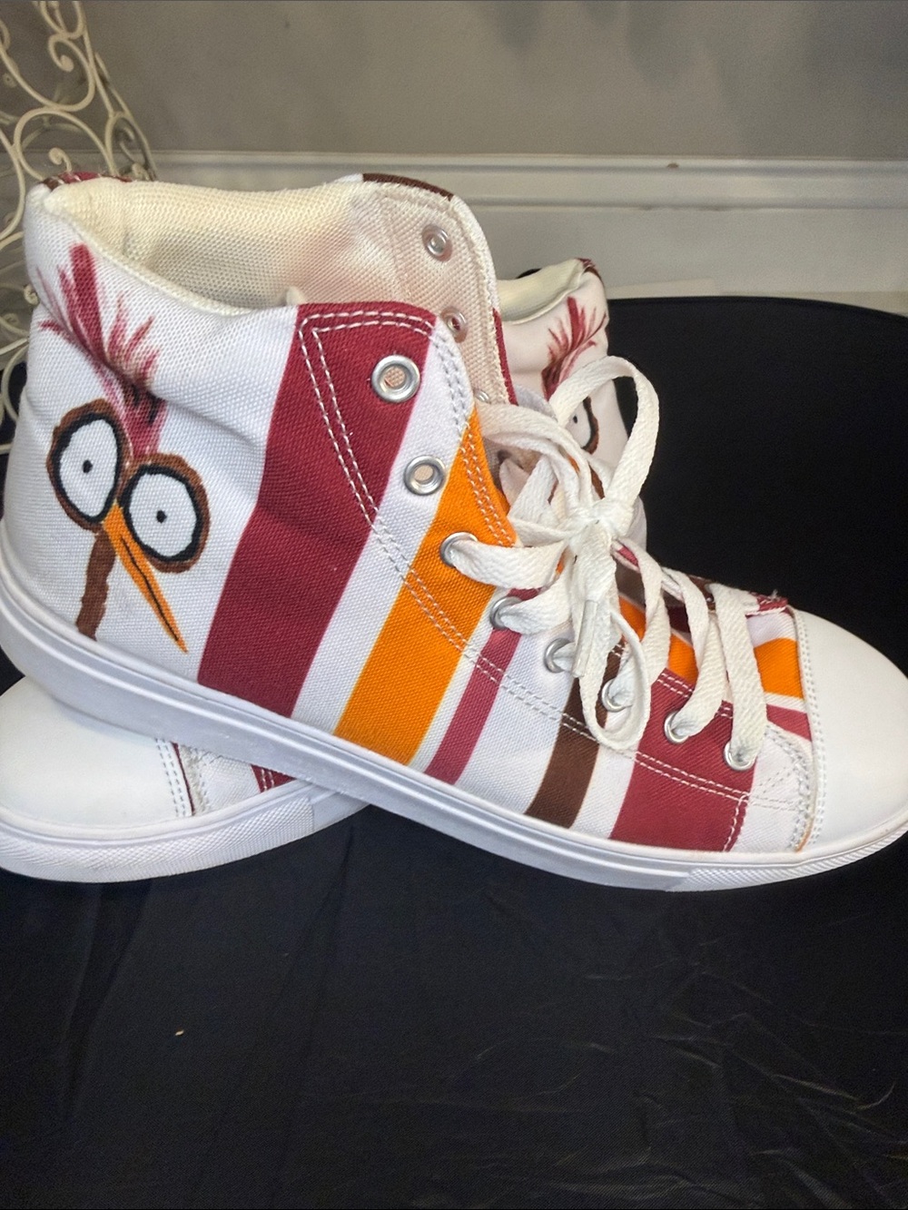 White High-Top Canvas Sneakers with Red, Orange & Brown Stripes